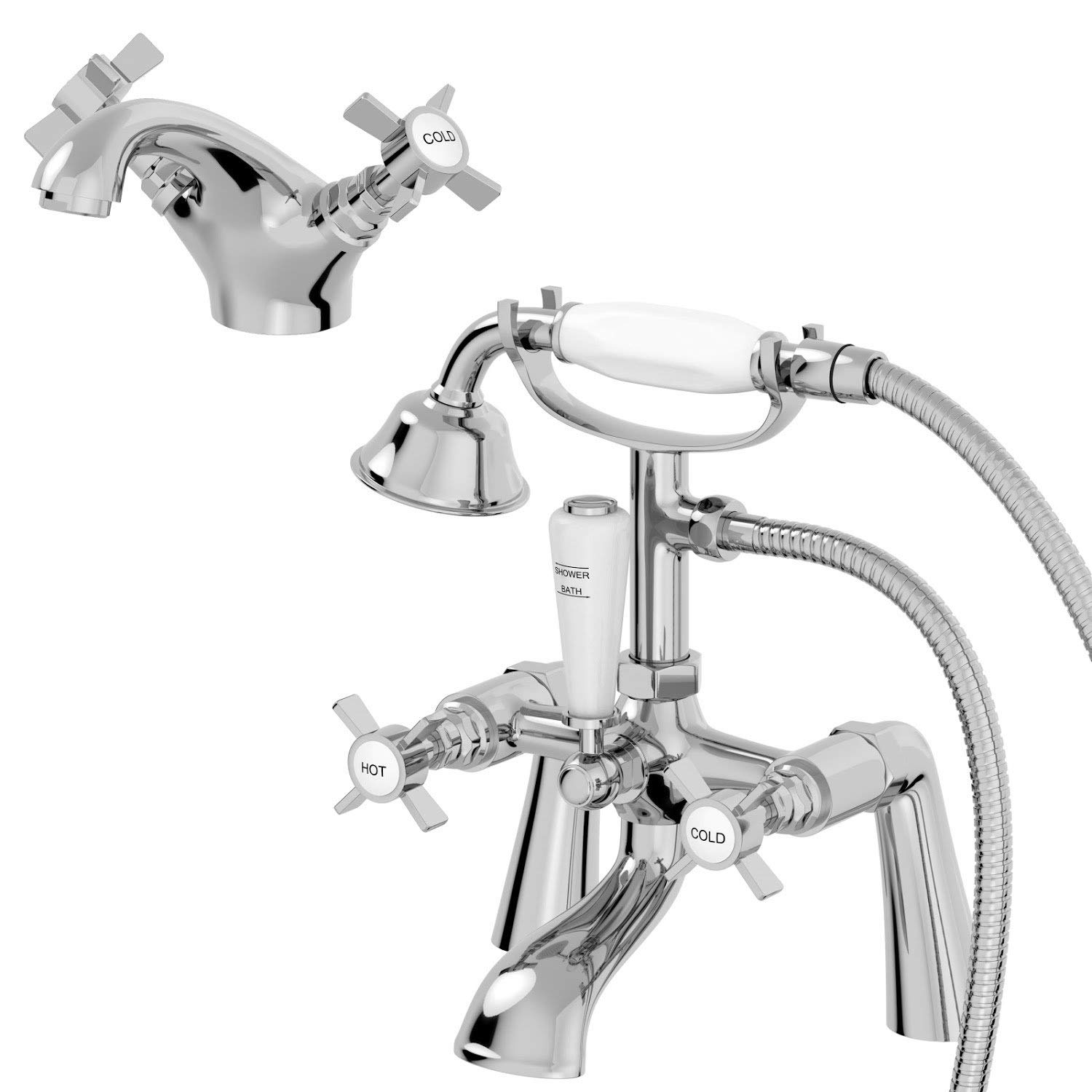 Park Lane® Worcester Bathroom Bath Shower Mixer Basin Mixer Tap Set Pair Round Crosshead Handle Traditional, Chrome