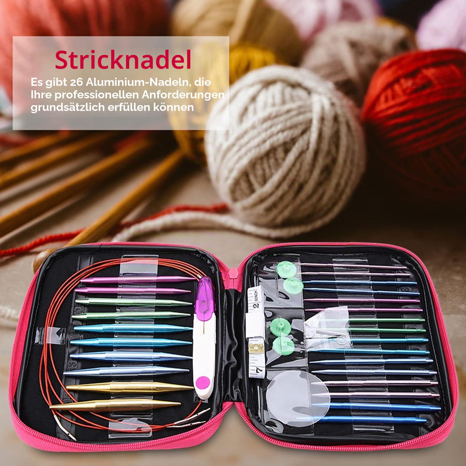 Stricknadeln aus Aluminium, austauschbar, mit 4 runden Kunststofffäden, mit Aufbewahrungstasche für Pullover, Socken oder Hüte, 26 Stück