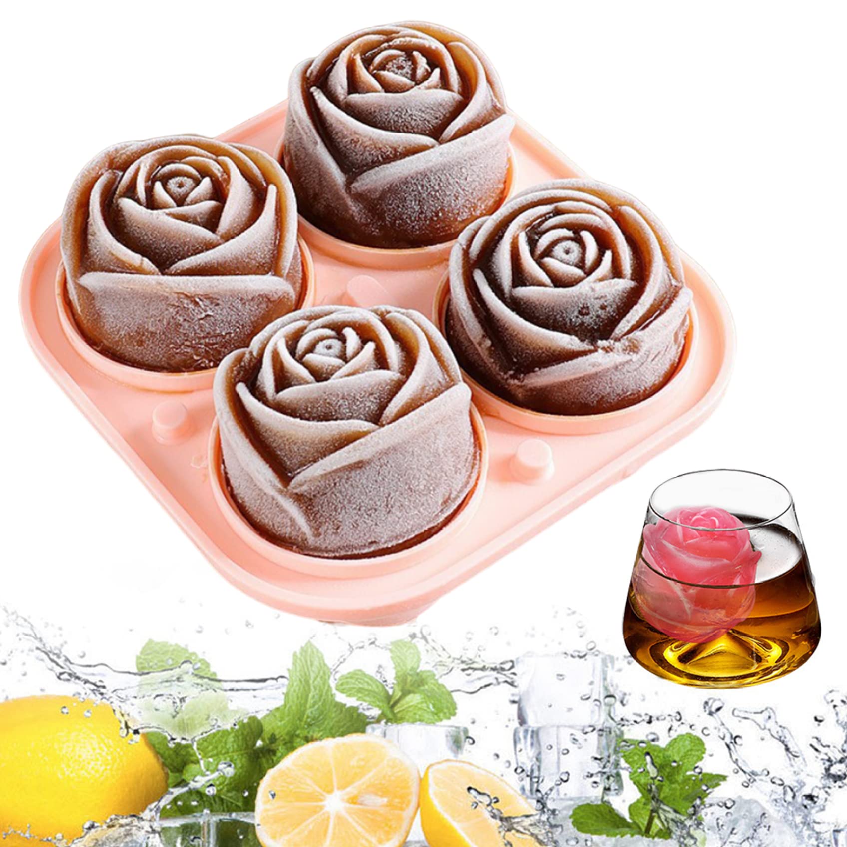 3D Rose Ice Cube Moulds Large Ice Cube Trays with Lid 4 Cavity Flower Ball Maker Silicone Moulds for Water, Whiskey, Cocktail