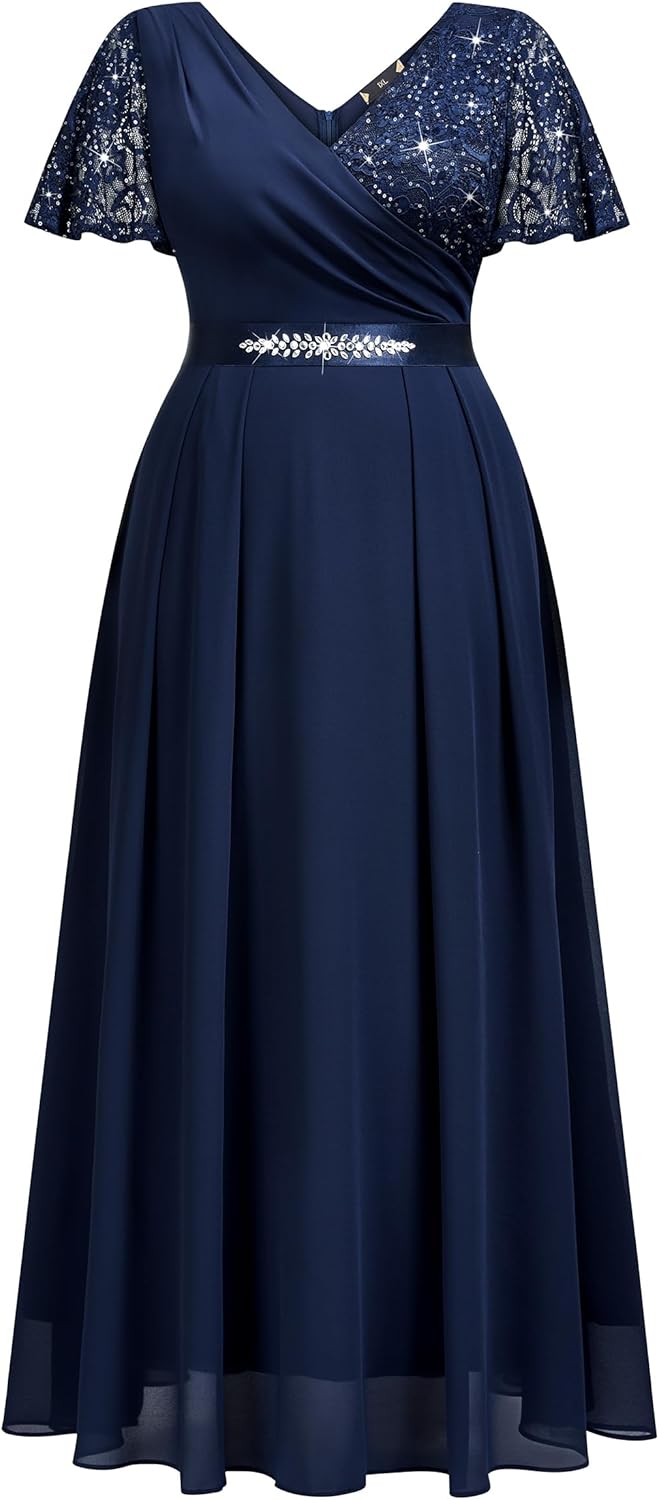 MISSMAY Women's Plus Size Wrap V Neck Sequins Lace Contrast Chiffon Formal Maxi Dress with Rhinestone Ribbon Waist - Image 5