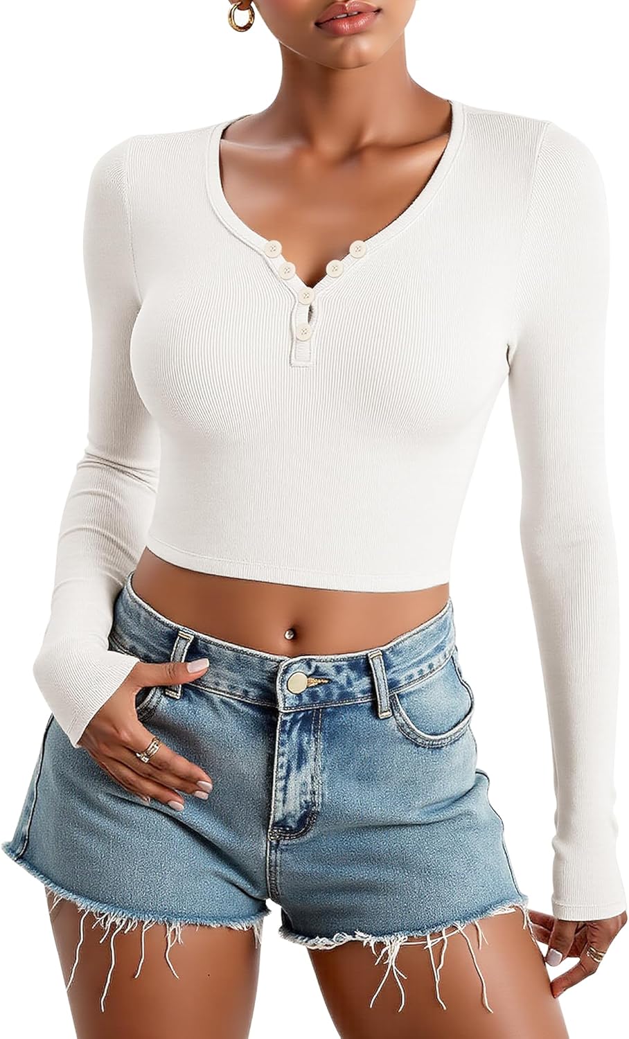 Stelle Cropped Henley Shirts for Women Long Sleeve V-Neck Shirt Ribbed Tops Knit Button Slim Fitted Blouse - Image 4