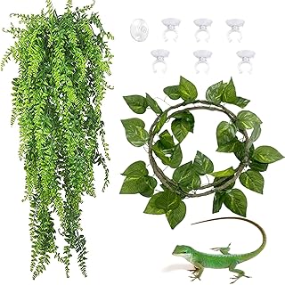 kathson Reptile Tank Hanging Vines Plants,Bearded Dragons Habitat Bendable Jungle Climbing Fake Vine Terrarium Decorations for Geckos,Lguanas,Lizards,Snakes,Chameleons,Geckos,Tortoises (3 PCS)