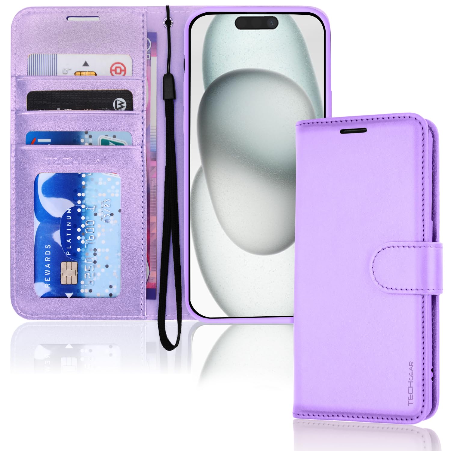TECHGEAR Custodia a portafoglio in pelle per iPhone 15 Plus, custodia protettiva con porta carte di credito, supporto e cinturino da polso, in pelle PU verde con chiusura magnetica, progettata per