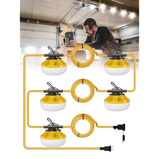 HYPERLITE Construction String Lights: 50FT 5 Bulbs Work Lights with Climbing Hooks - IP65 Waterproof Linkable LED Industrial Temporary Lighting for Construction Sites Attic Crawlspace Renovation