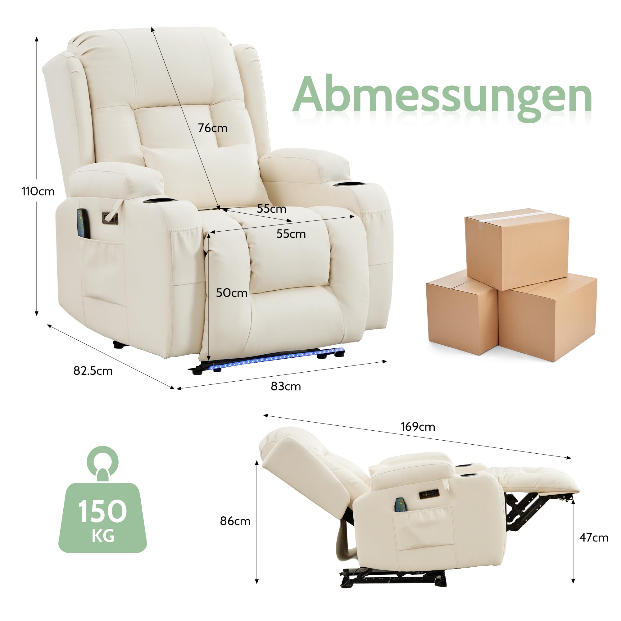 Relaxsessel mit Massage und Heizfunktion, Fernsehsessel Elektrisch Verstellbar, TV Sessel mit USB-Anschlüsse, Getränkehalter, Seitentaschen, Kunstleder (Cremeweiß)