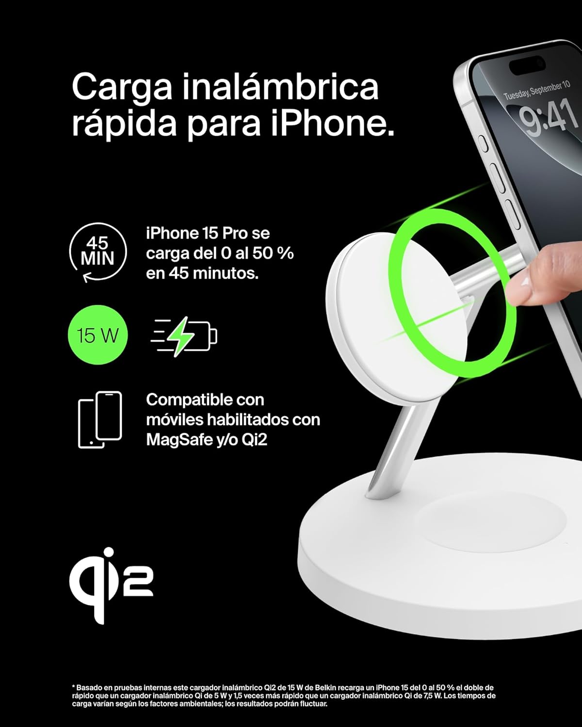 Belkin BoostCharge Cargador Qi2 3 en 1, Estación de Carga Inalámbrica con MagSafe, Base de Carga Qi2 para iPhone 17, Air, Pixelsnap, Apple Watch, AirPods, Fuente de alimentación – Blanco 4