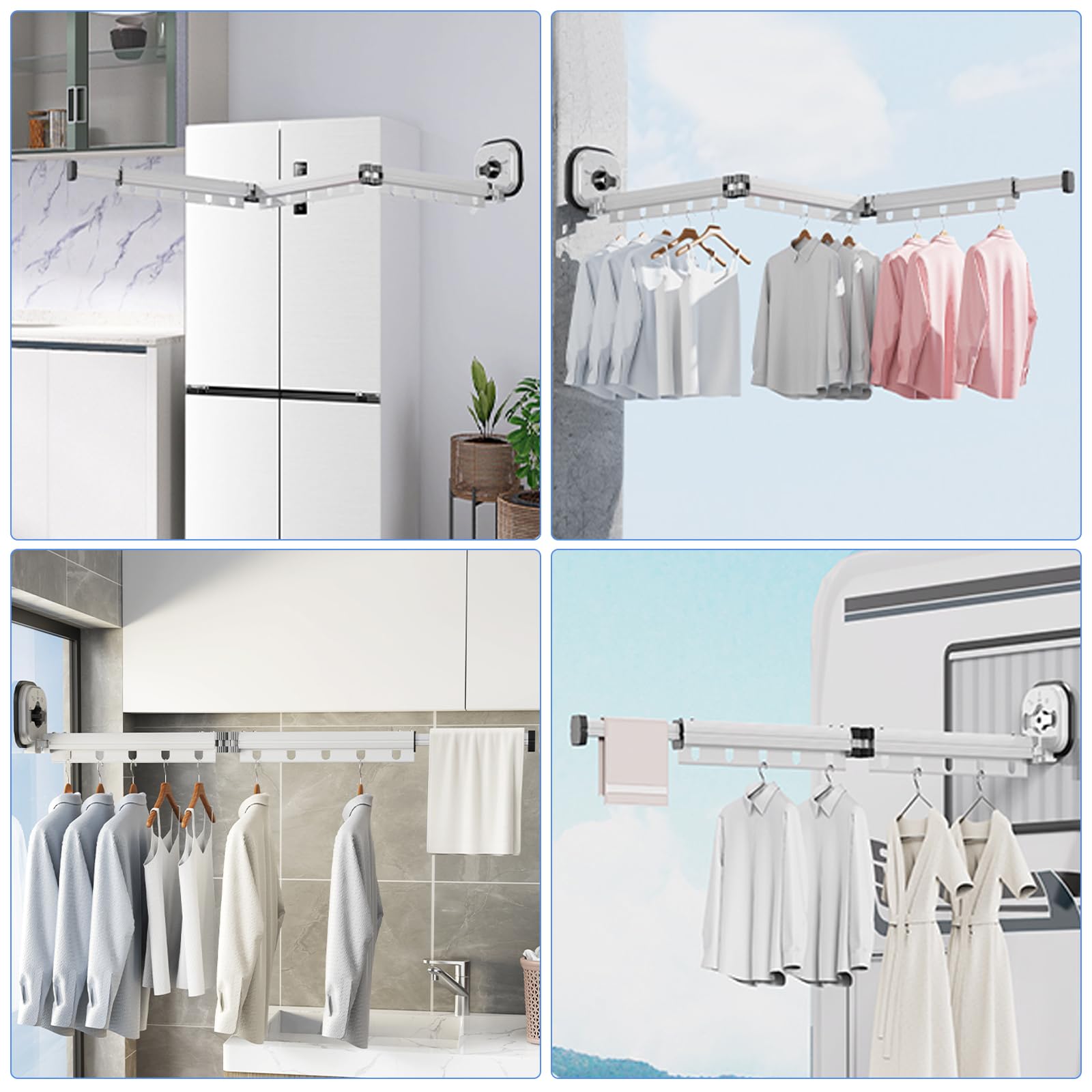 Asciugatrice retrattile, montaggio a parete, ventosa, pieghevole, ganci, portasciugamani, balcone, biancheria, bagno, camera da letto (bianco latteo, 2')