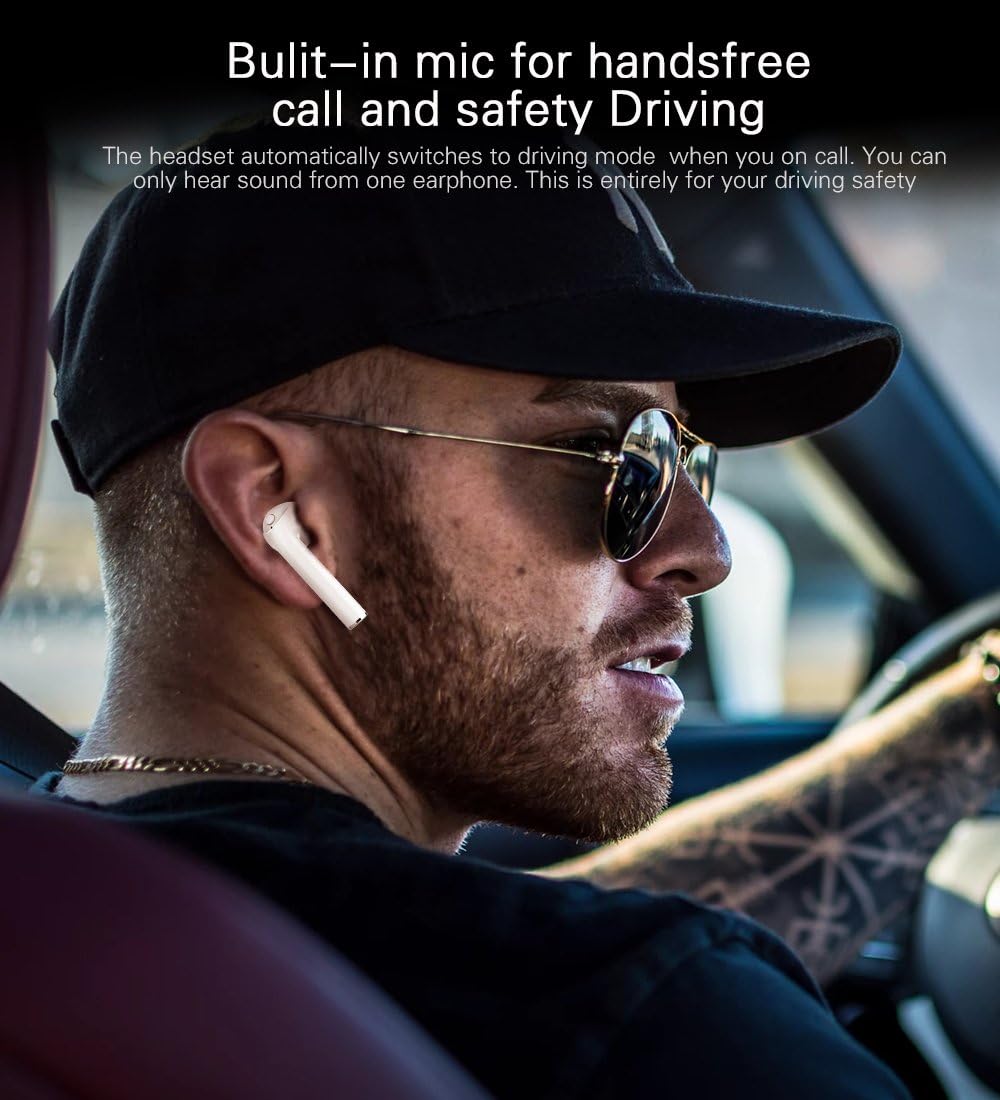 Man driving with Langsdom T7 earbud, highlighting built-in mic for hands-free calls