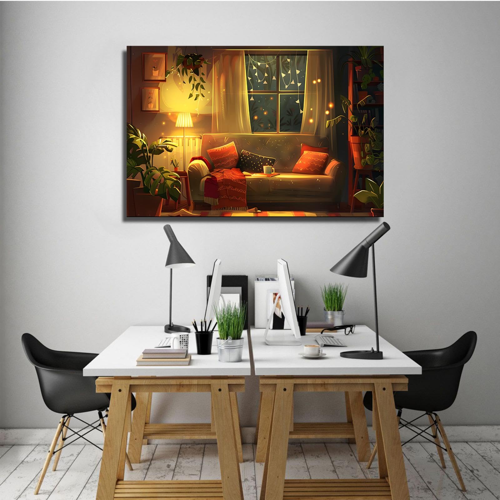 UIRINGART Hiver Chaud Maison Toile Toile Art Nouvel An Décoration Murale Oeuvre d’art Affiche Vert Plantes Peinture sur toile pour étude Chambre Salon 50x80cm Cadre intérieur