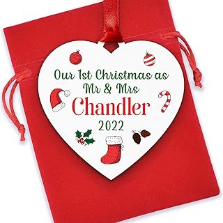 Our First Christmas as Mr and Mrs - PERSONALISED 1st First Christmas Married Decoration - Couples Gift - Christmas Tree Bauble Ornament for Wife Husband - Mr and Mrs Wooden Hanging Heart