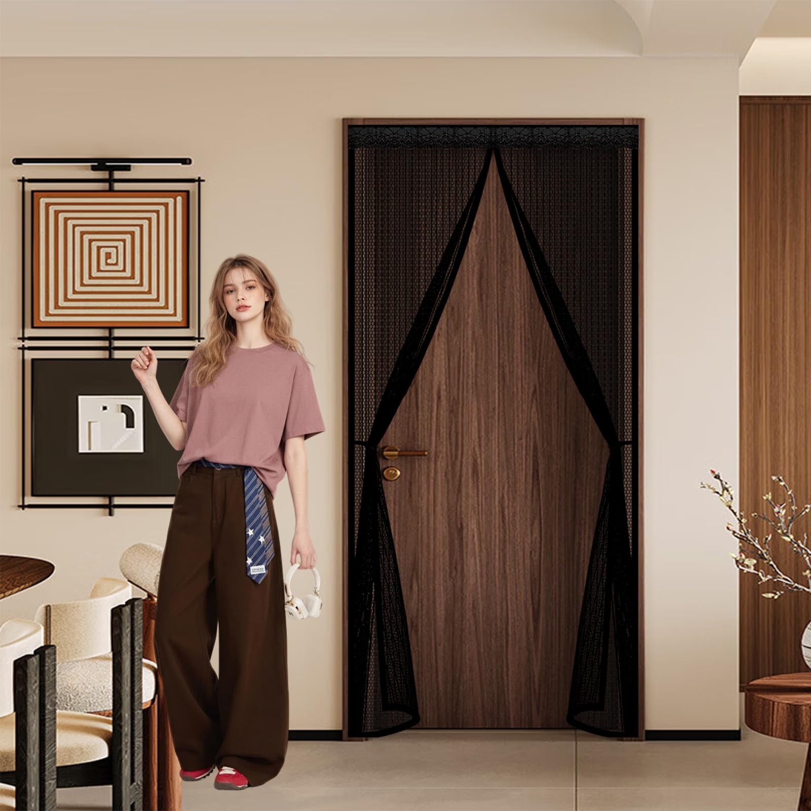 Mesh Curtain 140 x 210 cm Keep Bugs Out, Full Frame Magic Tape, Powerful Magnets, Self Sealing, No Drill Installation, Mosquito Net, Insect Mesh for Balcony Bedroom Doors, Black
