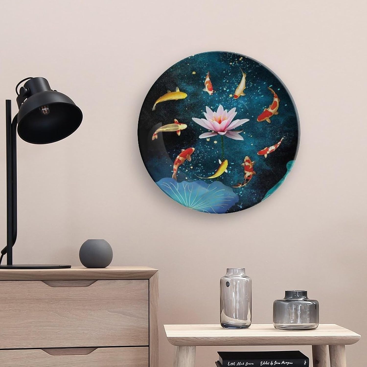 Auspicious Koi Carp Lotus Bone China Plate, Oriental Lucky Pattern Bone China Serving Plate for Daily Use & Home Decoration, 10inch Wall Art Home Decor