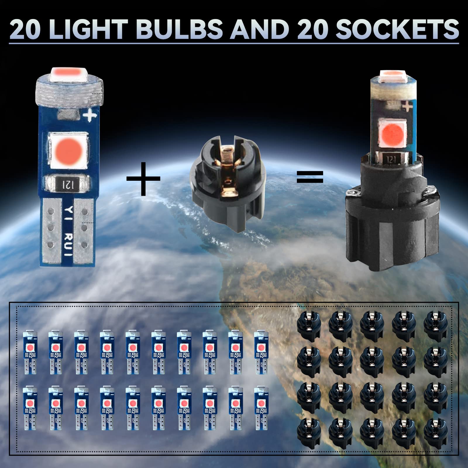 T5 37 74 LED Dashboard Bulbs - Super Bright White Instrument Panel Lights With Twist Lock Sockets (20 Pack)