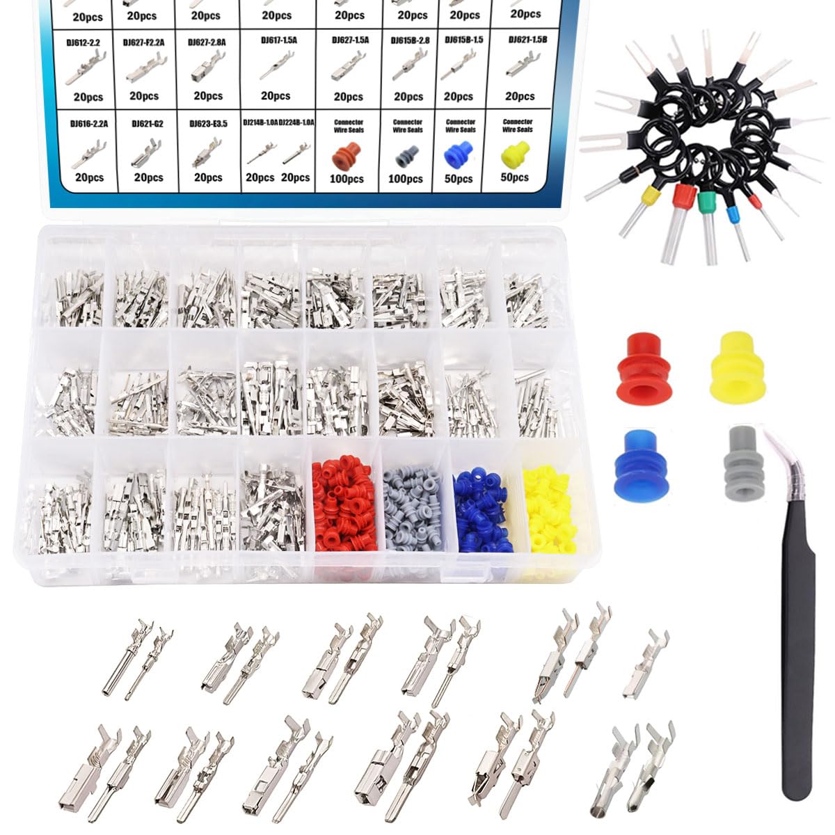 Seamaka720Pcs 21Type Car Electrical Wire Terminal Tool kit 1/1.5/1.8/2.2/2.8/3.5mm Connector Pins Terminal Removal Male Female Crimp Pins Non-Insulated Plug