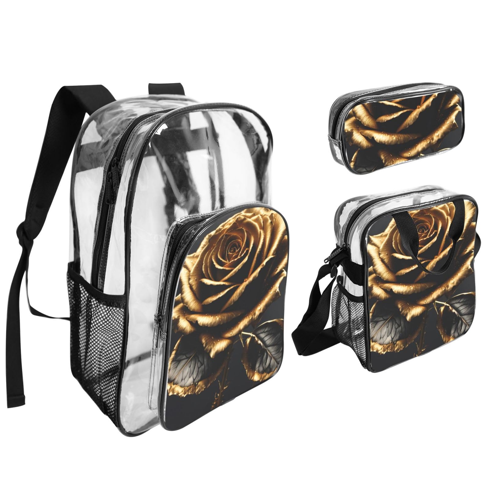 Juego de mochila transparente unisex con estampado de flores negras y doradas, 3 piezas, bolsa de almuerzo, estuche para bolígrafos, viajes al aire libre