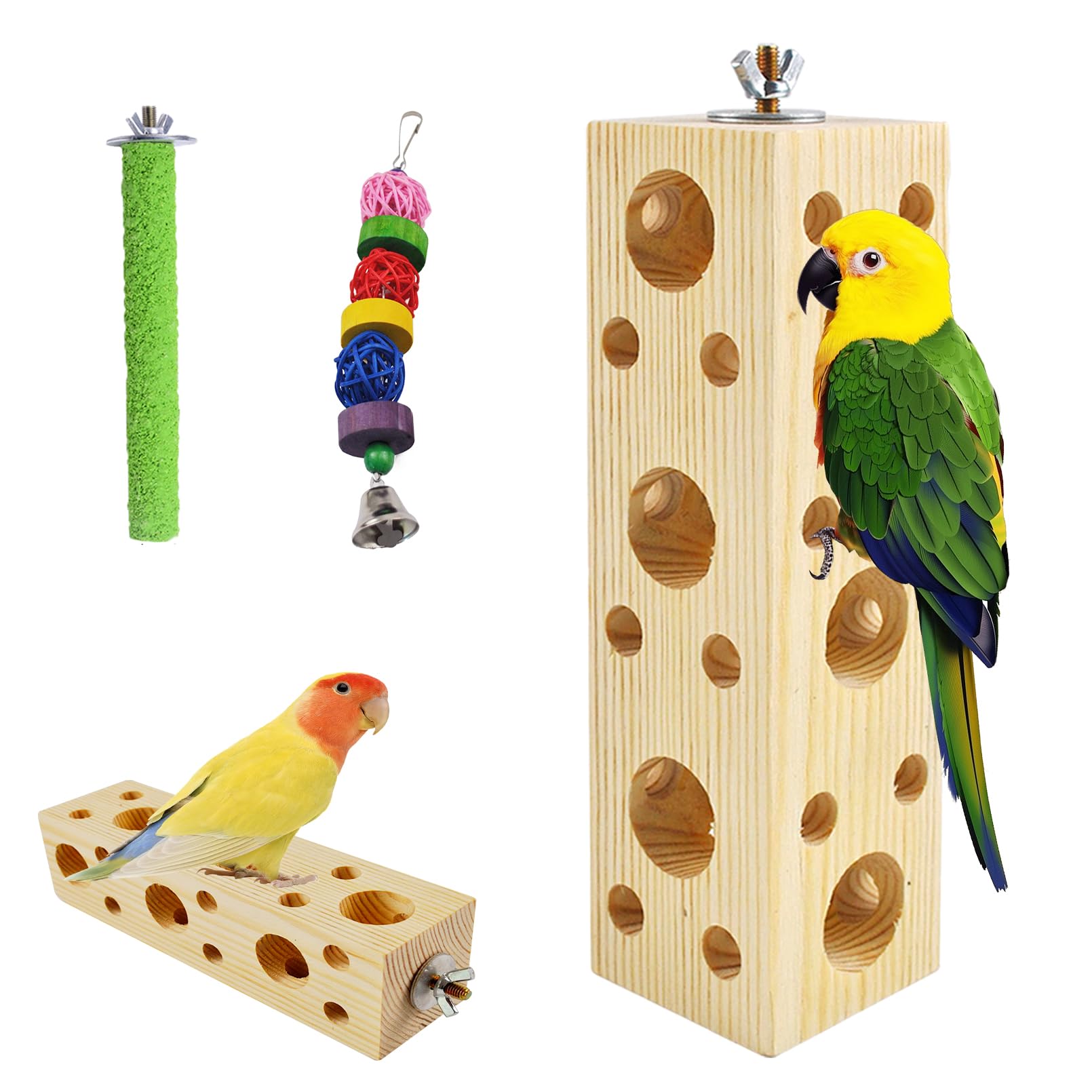 Wooden Bird Chewing Perch,Parrot Chew Block Toys for Medium Birds Parakeet Grinding Perch Foraging Toy Cockatiel Shredding Wood Stand for Budgie Lovebird Conure