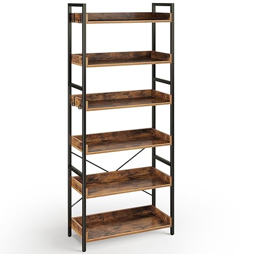 Rolanstar Bookshelf 6 Tier with 4 Hooks, Industrial Bookcase, Vintage Storage Rack with Open Shelves, Rustic Standing Bookshelves Metal Frame Display Rack for Living Room, Bedroom, Rustic Brown - Rustic Brown - 6 Tier - 23.6"W