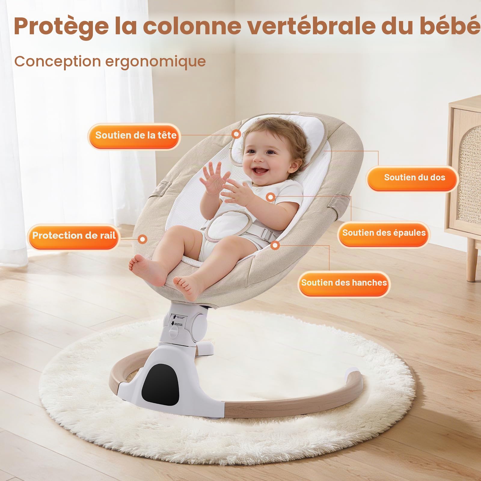 Balançoire électrique pour bébé de 0 à 6 mois, maximum 9 kg, portable pour nouveau-né avec Bluetooth, 5 vitesses de rotation, 3 positions d'angle, télécommande et panneau tactile, beige