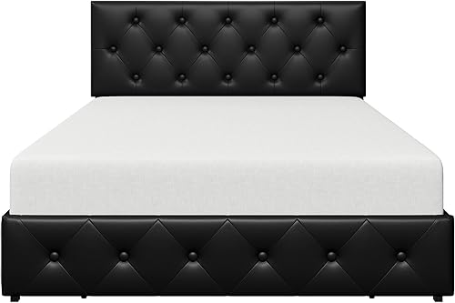 Miniatura 8 de Yaheetech Base de cama tapizada con 3 cajones de almacenamiento y cabecera ajustable, plataforma de piel sintética con base de colchón, fuerte