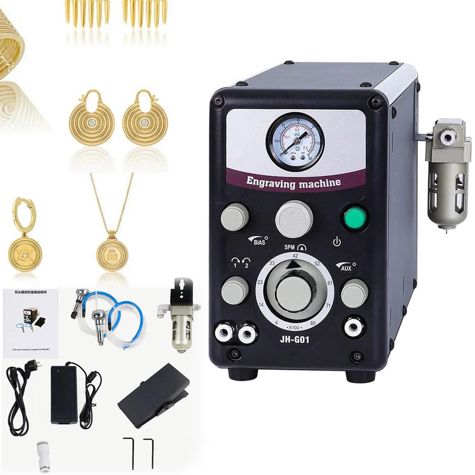 Dual-Head Pneumatic Engraving Machine for Jewelry, 400-800 RPM