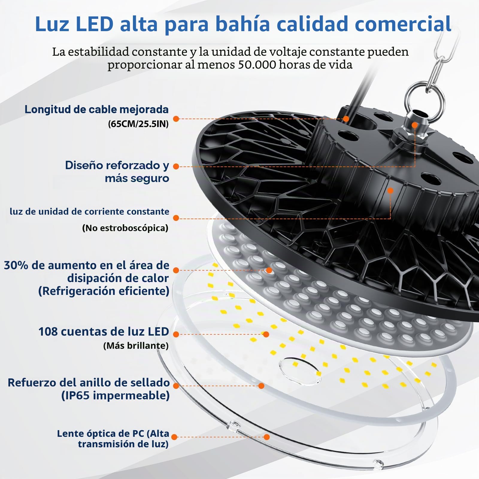 100W UFO Focos LED Interior Techo 6 Piezas, Lamparas LED Techo 10000LM IP65 6500K con Cadena Metálica de 30CM, Driver, Foco Industrial para Garaje