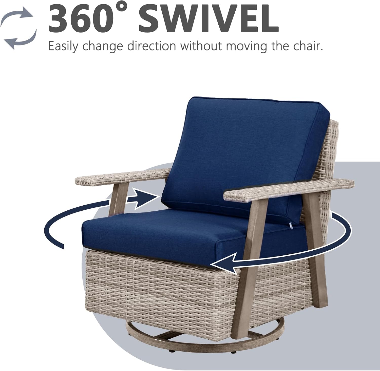 2 Pieces Oversized Swivel Rocker Patio Chairs Set, Patio Swivel Rocking Chairs Set, PE Wicker Outdoor Furniture Set with Cushion(Navy Blue)
