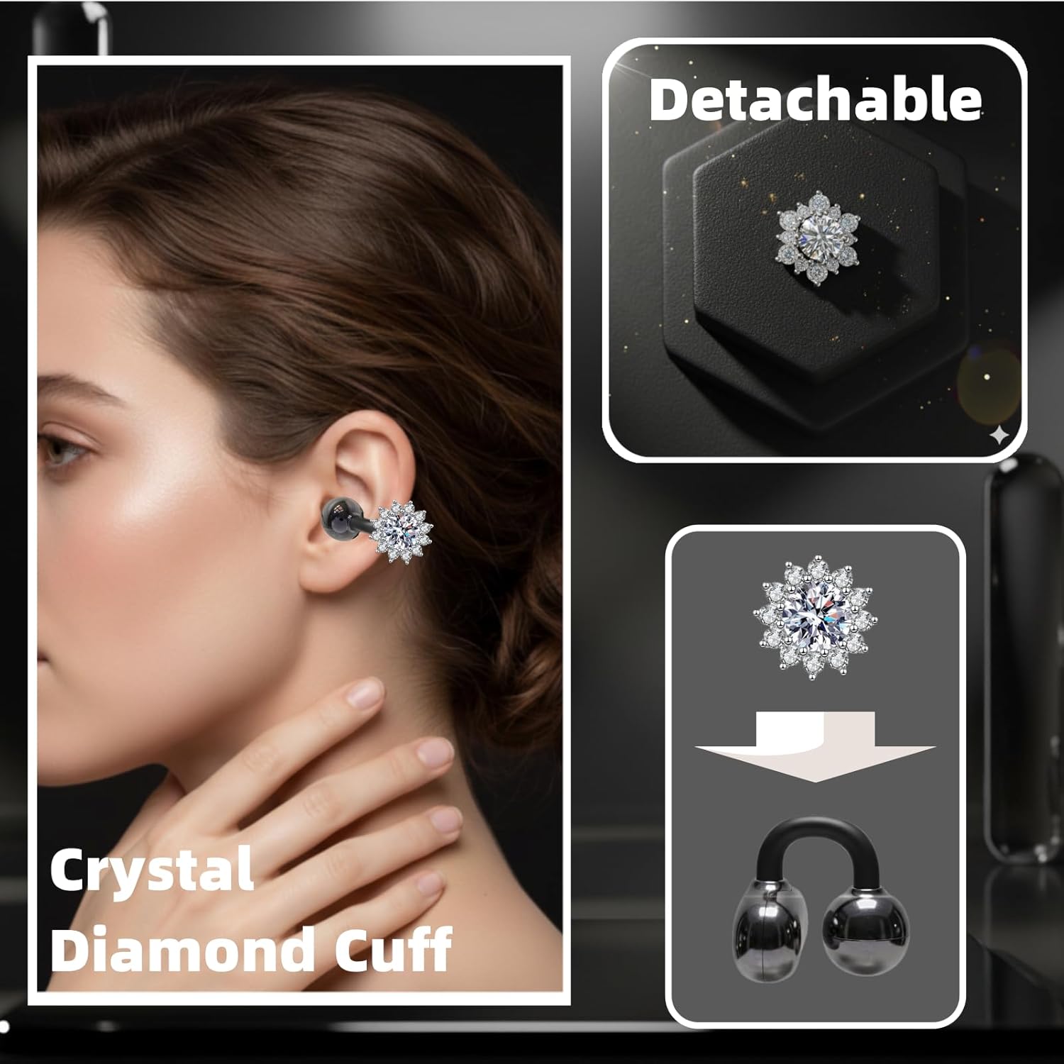 Clip On Earbuds Jewelry, Open Ear Headphones Wireless Bluetooth Earring Clip-On Headphones, Fit Ears Cuff Headphones for Women, Jewelry Earring Earbuds for Work, Run & Sleep