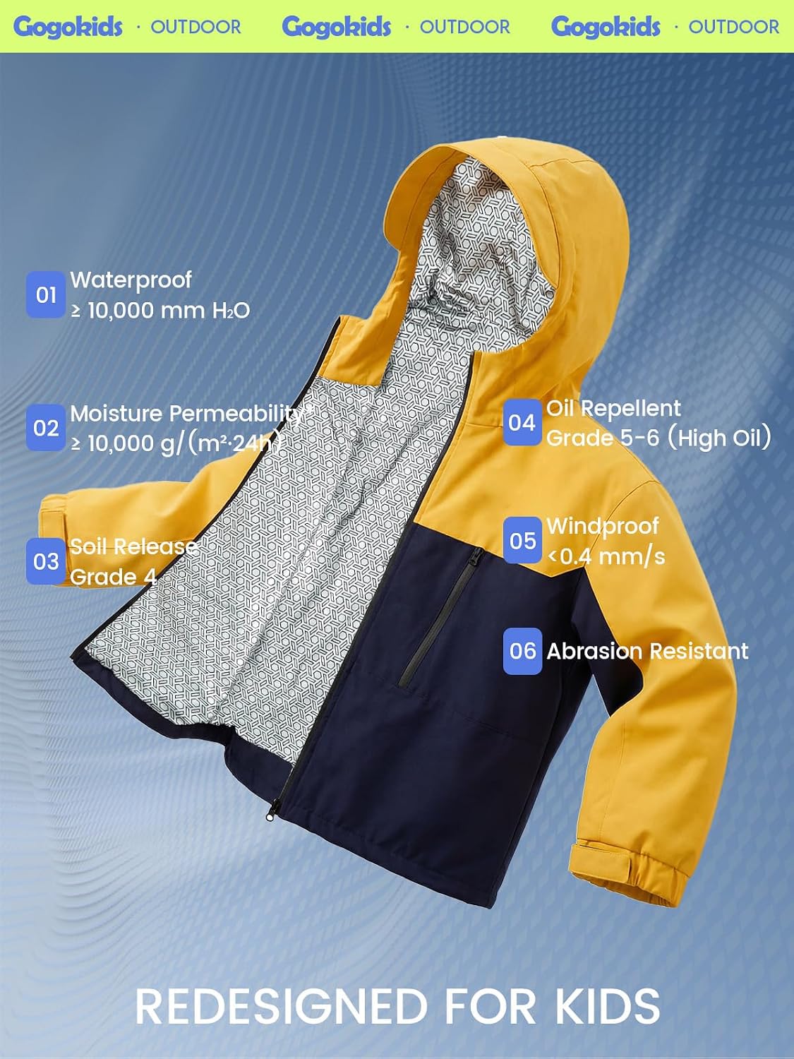 Gogokids Boys Girls Rain Jacket Lightweight Sportswear Water Resistant Raincoat Hooded Windbreaker Outdoor 4-12Y