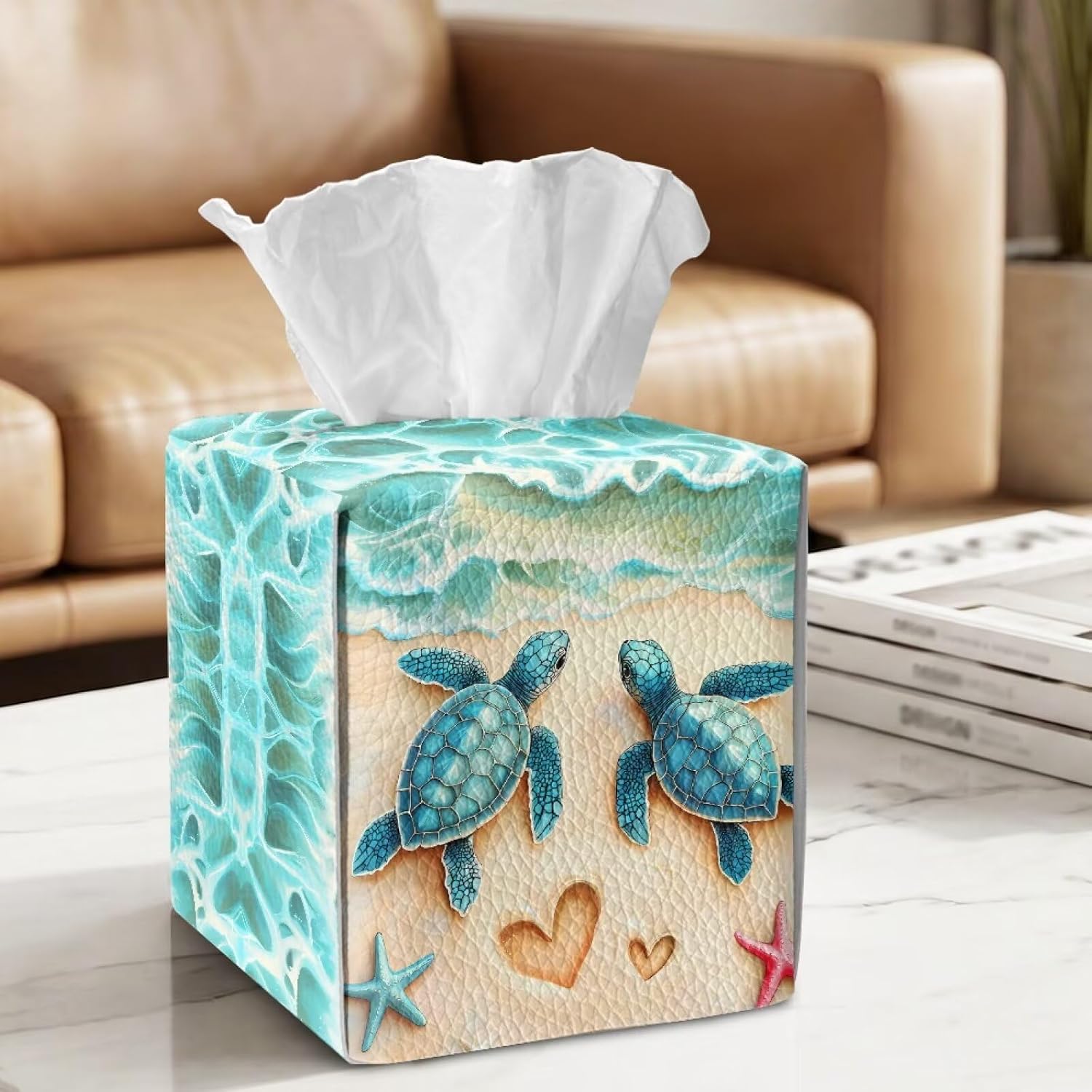 Wanyint Tissue Box Cover PU Leather Square Tissue Case Holder with Snap Closure for Bathroom/Bedroom/Kitchen/Office/Outdoor Tent Decorative Accessories, Beach Sea Turtle image 2