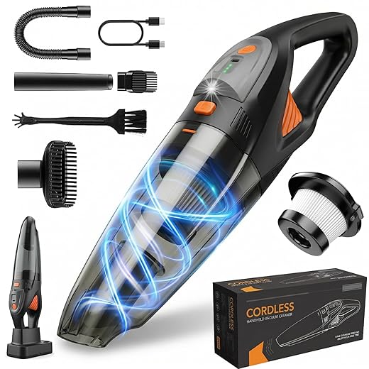 Handheld Vacuum Cordless, 25000Pa Powerful Suction Car Vacuum Portable with 8000mAh Battery & LED Light, Rechargeable with HEPA Filters for Home, Car Seats, Pet Hair (Orange)
