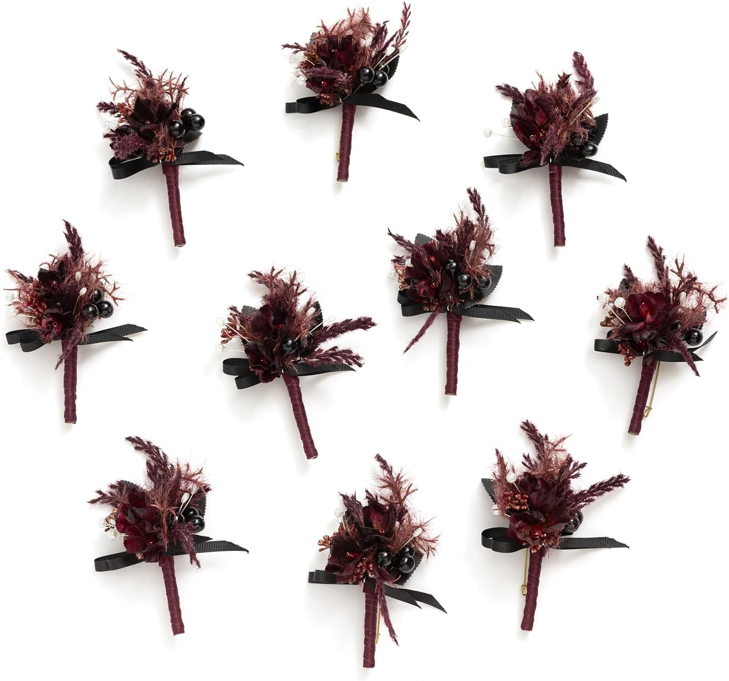 Ling's Moment Boutonniere for Men, 10pcs Groomsmen Guest Boutonniere, Artificial Flowers for Wedding Decor/Prom/Homecoming,etc.Black Gothic Burgundy