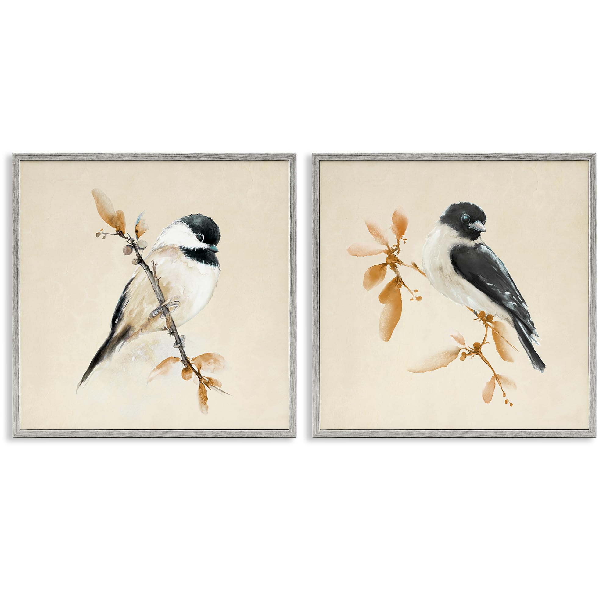'Muted Chickadees on Beige'| 2pc Framed Giclee Art Set 2