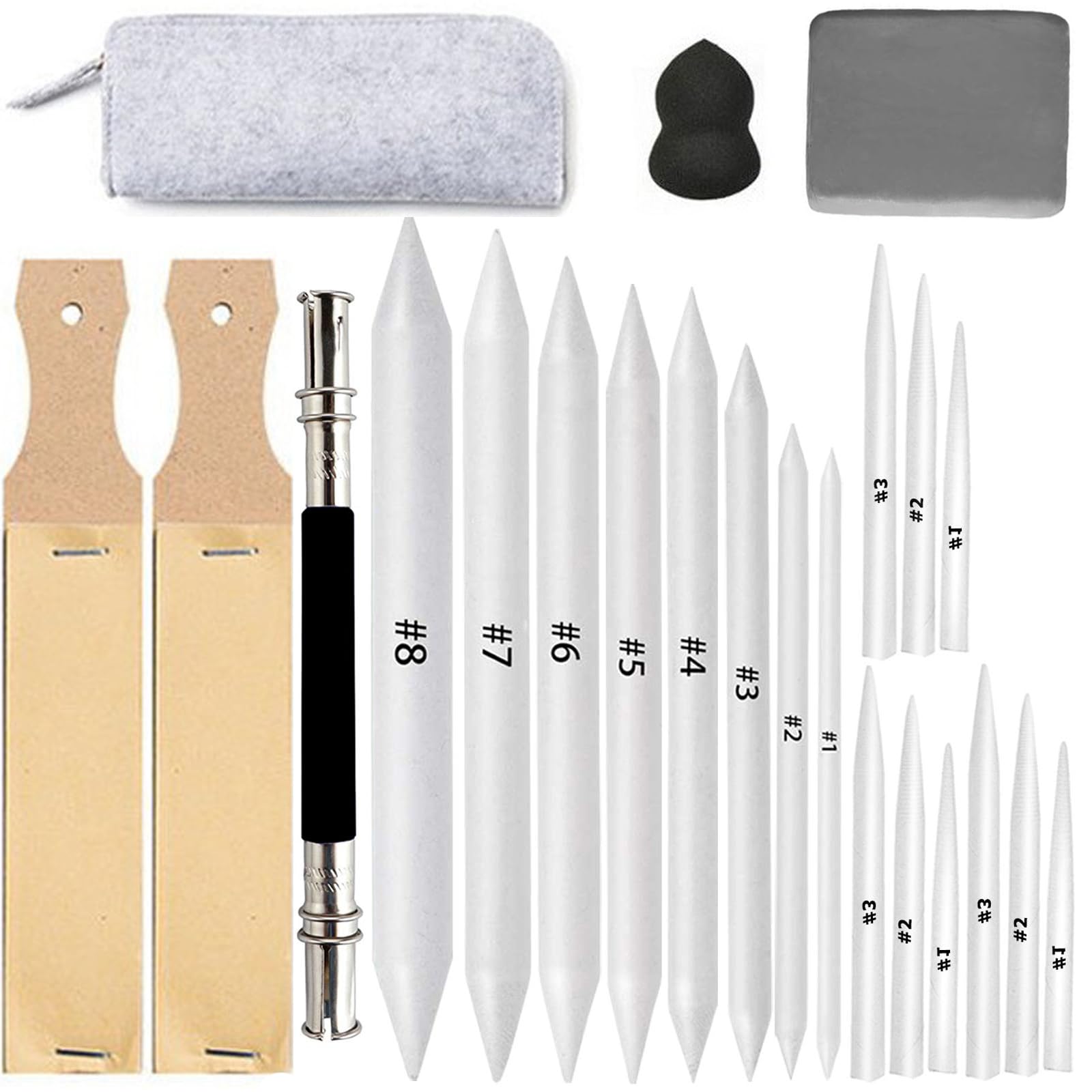 HBSTUDIO 23 Pcs Blending Stumps and Tortillions Set with Sketch Sandpaper Pencil Sharpener Pointer and Pencil Extension Tool Drawing Art Kneaded Eraser for Student Sketch Drawing Set
