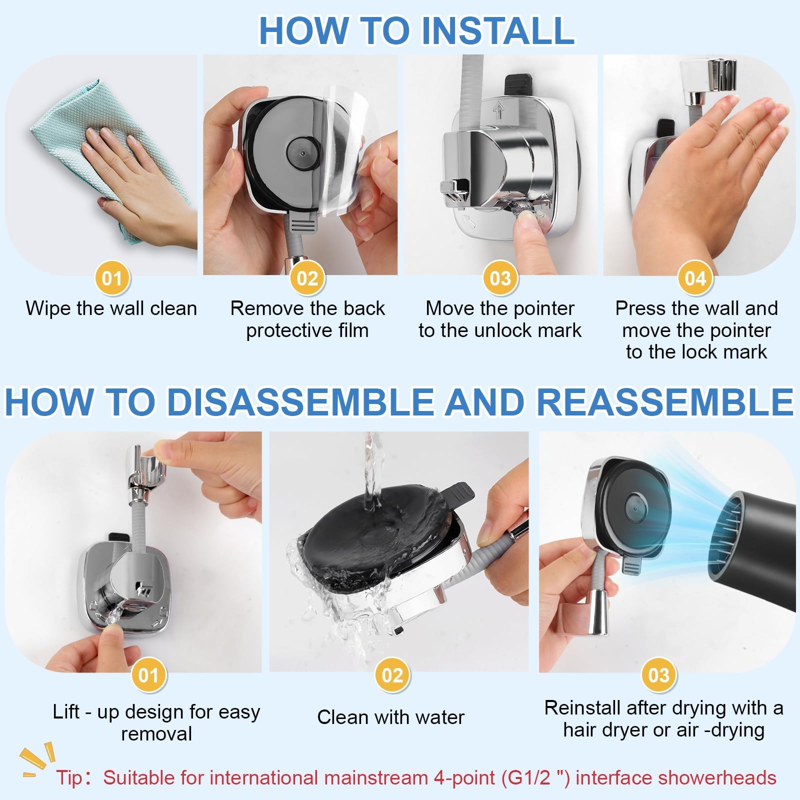 MAKABEE Shower Head Holder Suction, 360° Adjustable Handheld Shower Mount, No Drill Tool-Free Install, 10kg Strong Grip & Storage Hook, Waterproof for Wall & RV 3