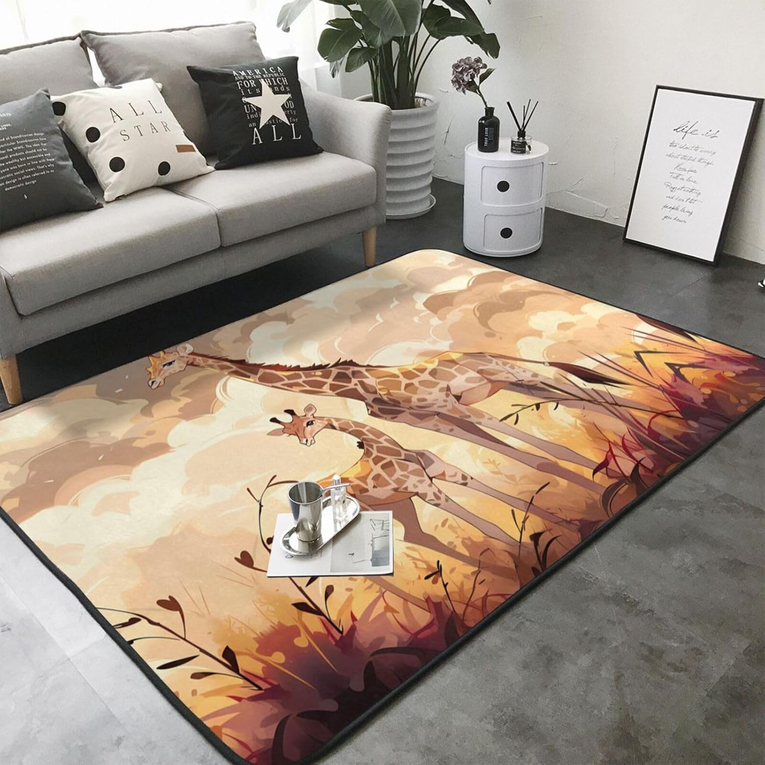Giraffe Mother and Child Printed Floor mat 80x58 inches, Non-Slip Decorative Carpet for Bedroom and Living Room