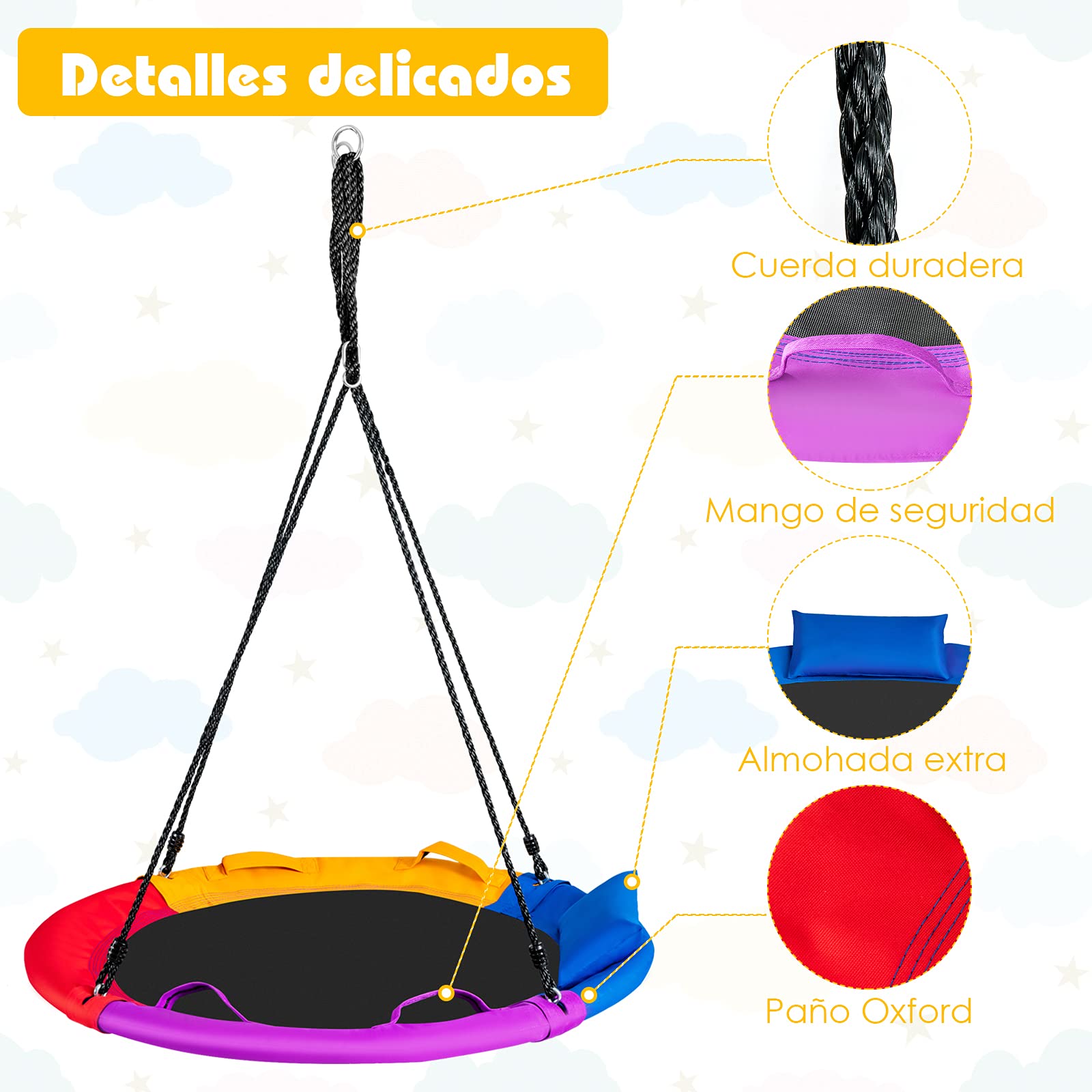 COSTWAY Columpio Infantil, 100 cm Columpio Redondo con Cuerdas Regulables en Altura, Cojín y Empuñadura, Ideal para Patio y Jardín, Capacidad de Carga 150 kg (Multicolor)