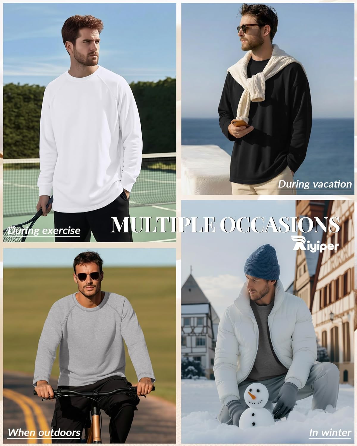 Riyiper 5 Pack Mens Big and Tall Shirts Cotton Long Raglan Sleeve Top Casual Basic Shirt Crewneck Oversized Multipack Tee
