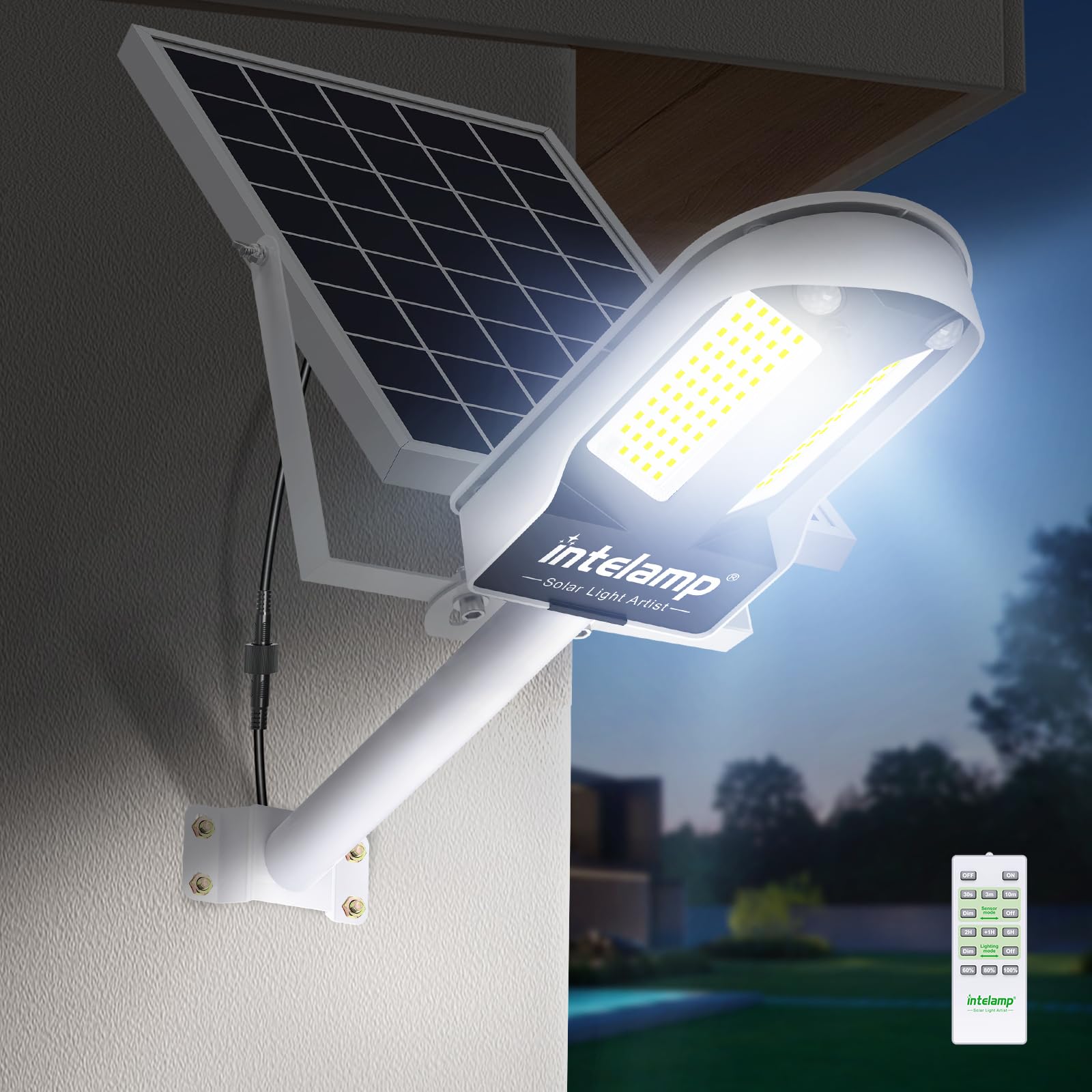 INTELAMP Solar Straßenlaterne mit Fernbedienung, 12500mAh 3000LM Solar Strahler Außen 6500K Straßenlampe Wandleuchte mit Bewegungsmelder Sensor, Außen Wegeleuchte im Freien Straßenleuchte