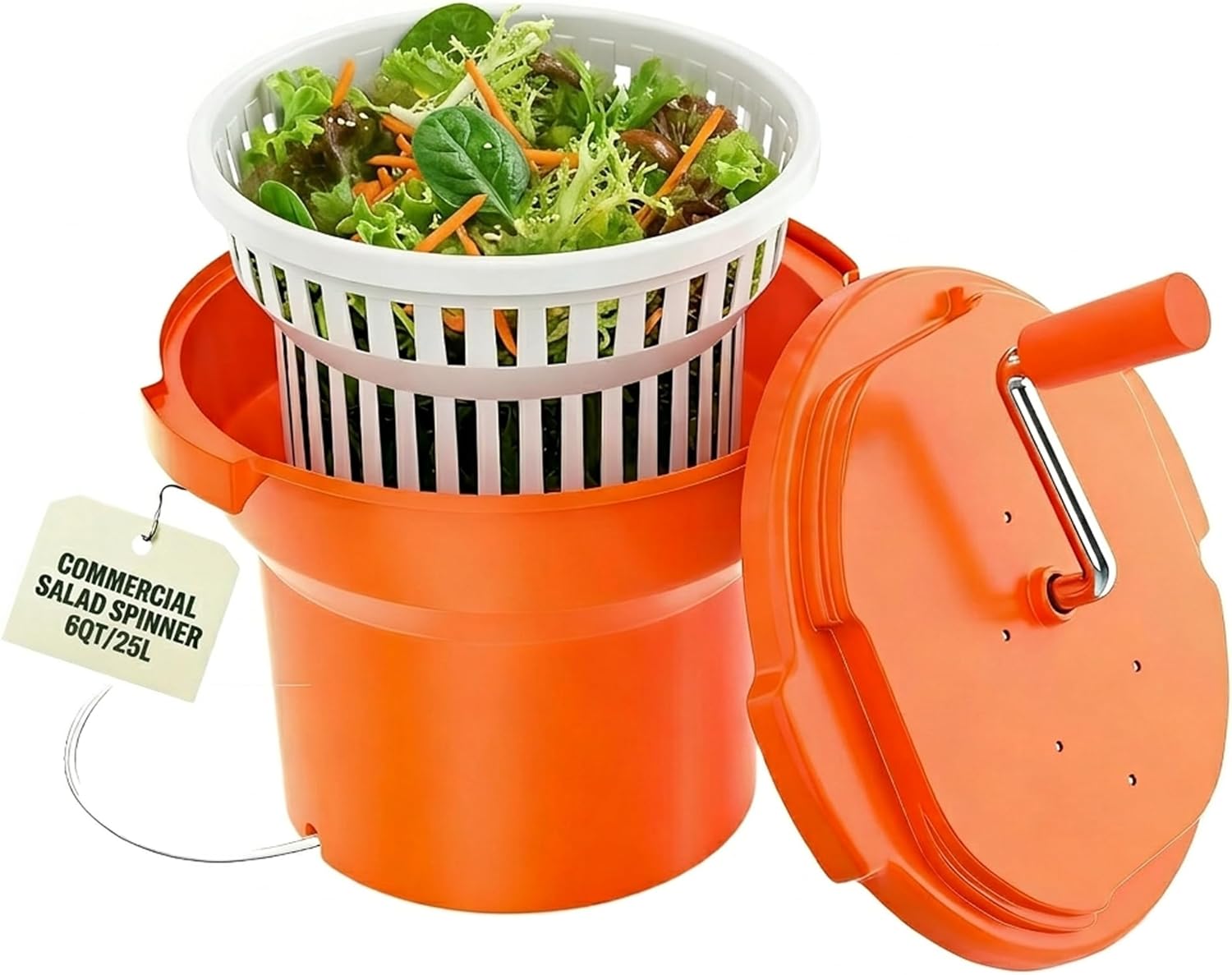 Commercial Salad Spinner - 6 Gallon Salad Dryer with Silicone Anti-slip Mat & Draining Hose, 24Qt Manual Spinner for up to 7 Heads of Lettuce, Large for Catering