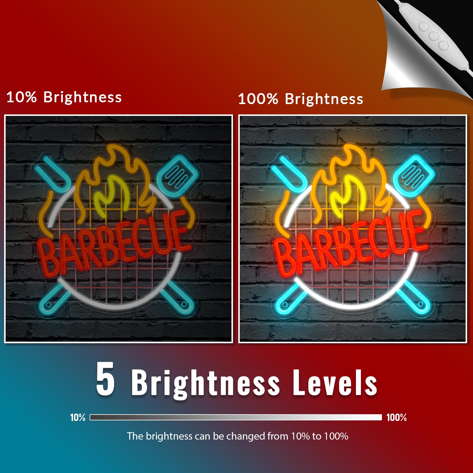 Enseigne Lumineuse Néon BARBECUE, Plaque de Porte BBQ LED USB avec Interrupteur à Intensité Variable pour Décoration Murale Extérieure