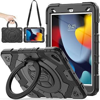 SEYMAC stock Case for iPad 9th/8th/7th Generation 2021/2020/2019, [Full-Body][Shock Proof] Protective Case with 360 Degree Handle Ring Folding Stand for iPad 9th/8th/7th Gen 10.2 Inch (DarkBlack)