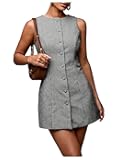 Women's Plaid Button Down Dress Crew Neck Sleeveless Tie Back Work Office Mini Dresses