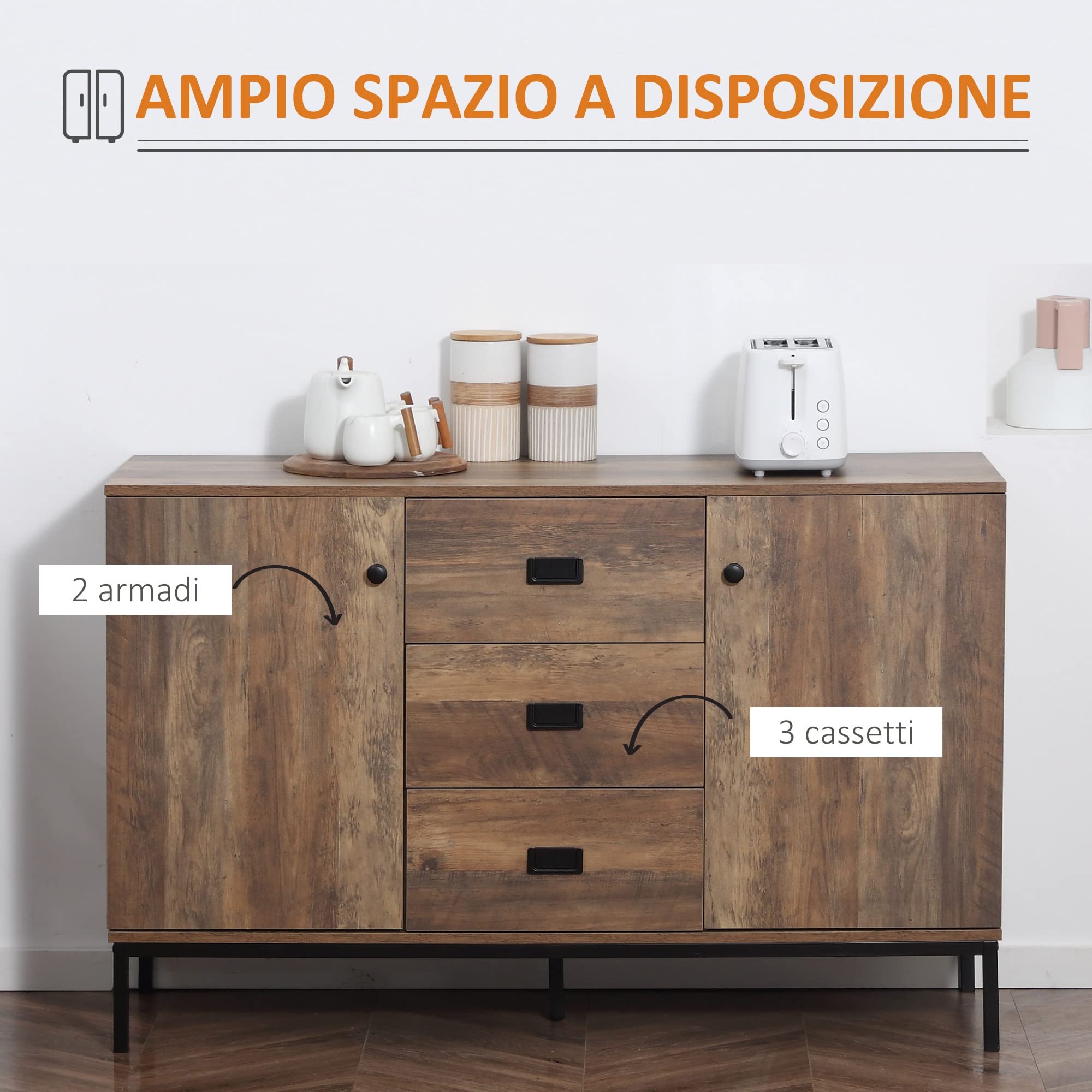 HOMCOM Credenza Moderna in Truciolato e Metallo per Cucina e Soggiorno con 2 Armadietti a 2 Ante con Ripiani Regolabili e 3 Cassetti, 120x39.5x77 cm, Marrone