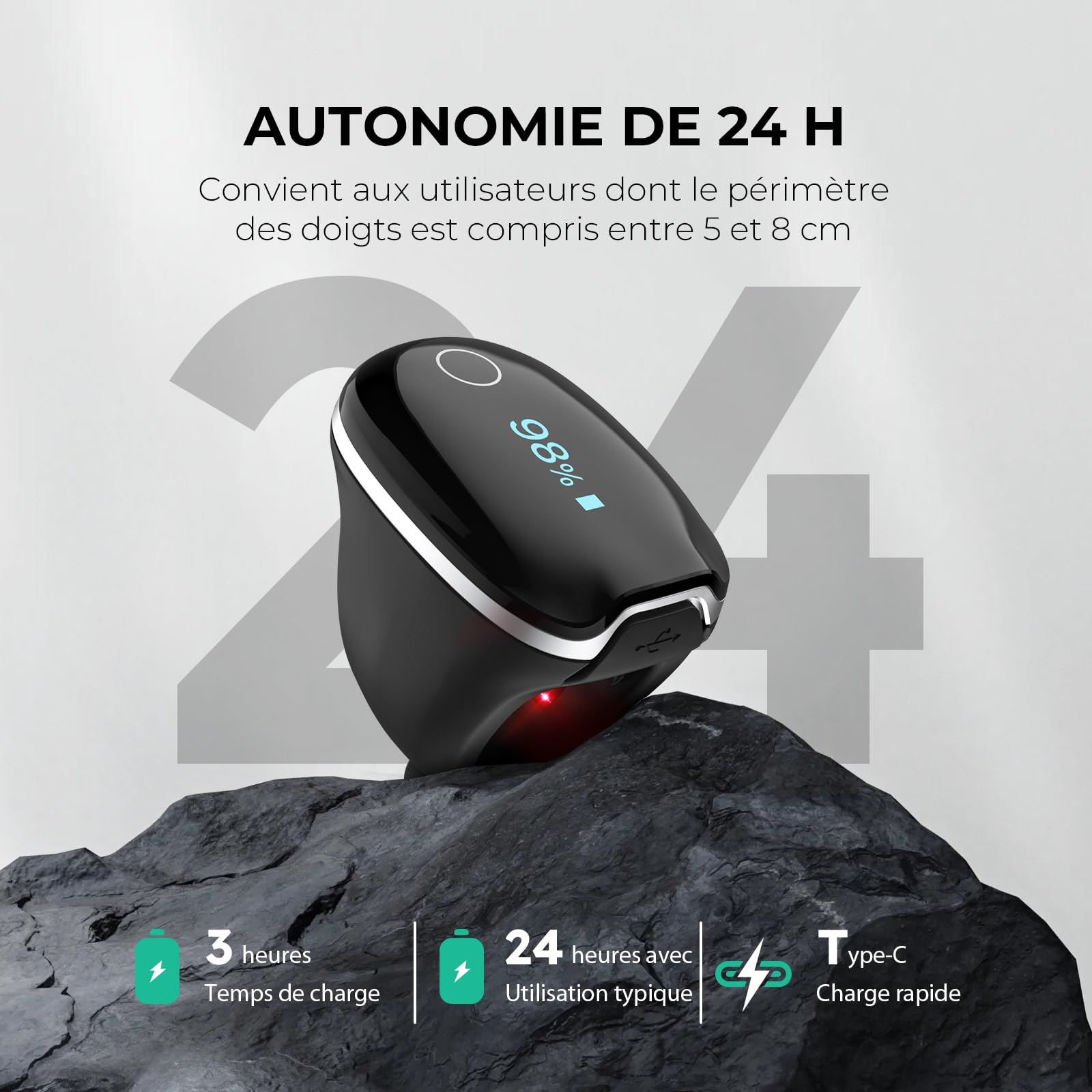 Wellue O2Ring-S Oxymètre de pouls avec Rappel de Vibration, Autonomie de 24 heures, Compteur de Saturation en Oxygène Rechargeable par Bluetooth, Suivi du Sommeil avec 4 x 10 Heures de Mémoire Intégré