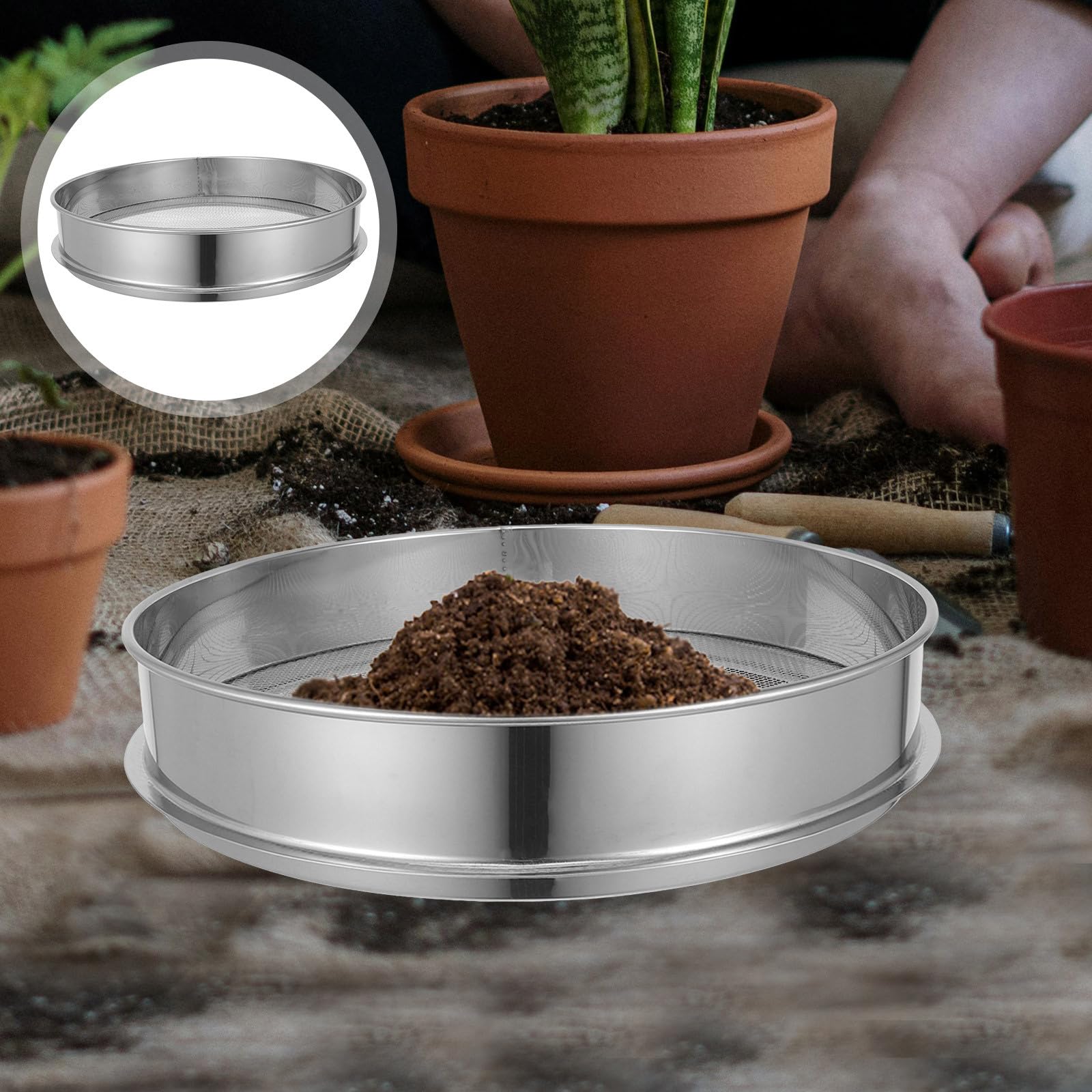 Tamis de Jardin en Acier Inoxydable 30cm, Filtre à Terreau Rond Maille 4mm 6 Trous, Passerelle Gravier Compost Sable Outil Tamisage pour Terre Cailloux Semis Plante