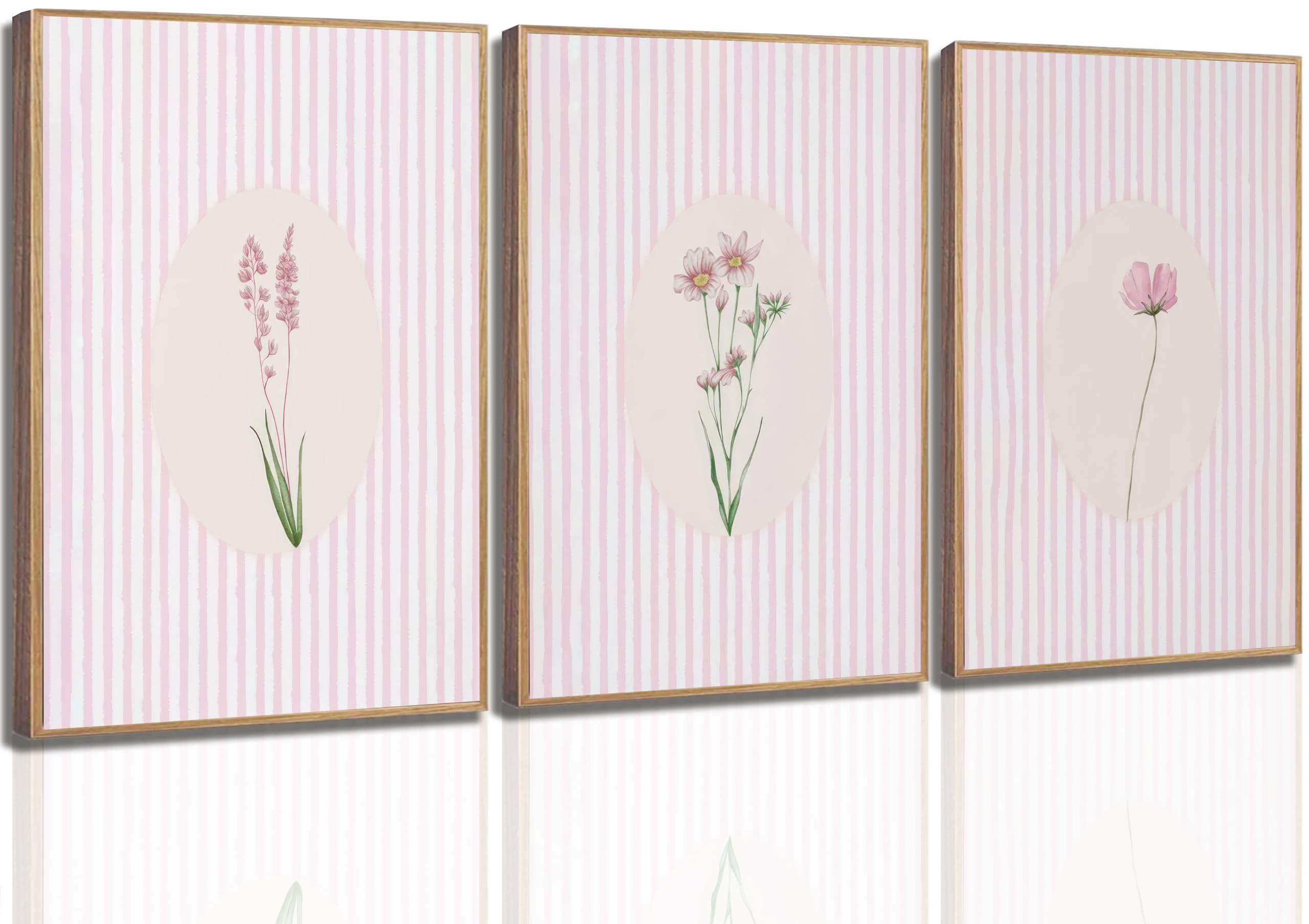 3 Pezzi di Quadri su Tela con Stampe Floreali a Righe Rosa, Dipinti Floreali minimalisti, Immagini botaniche, Decorazioni Preppy, Poster Bianchi, Stampe artistiche per Camera da Le