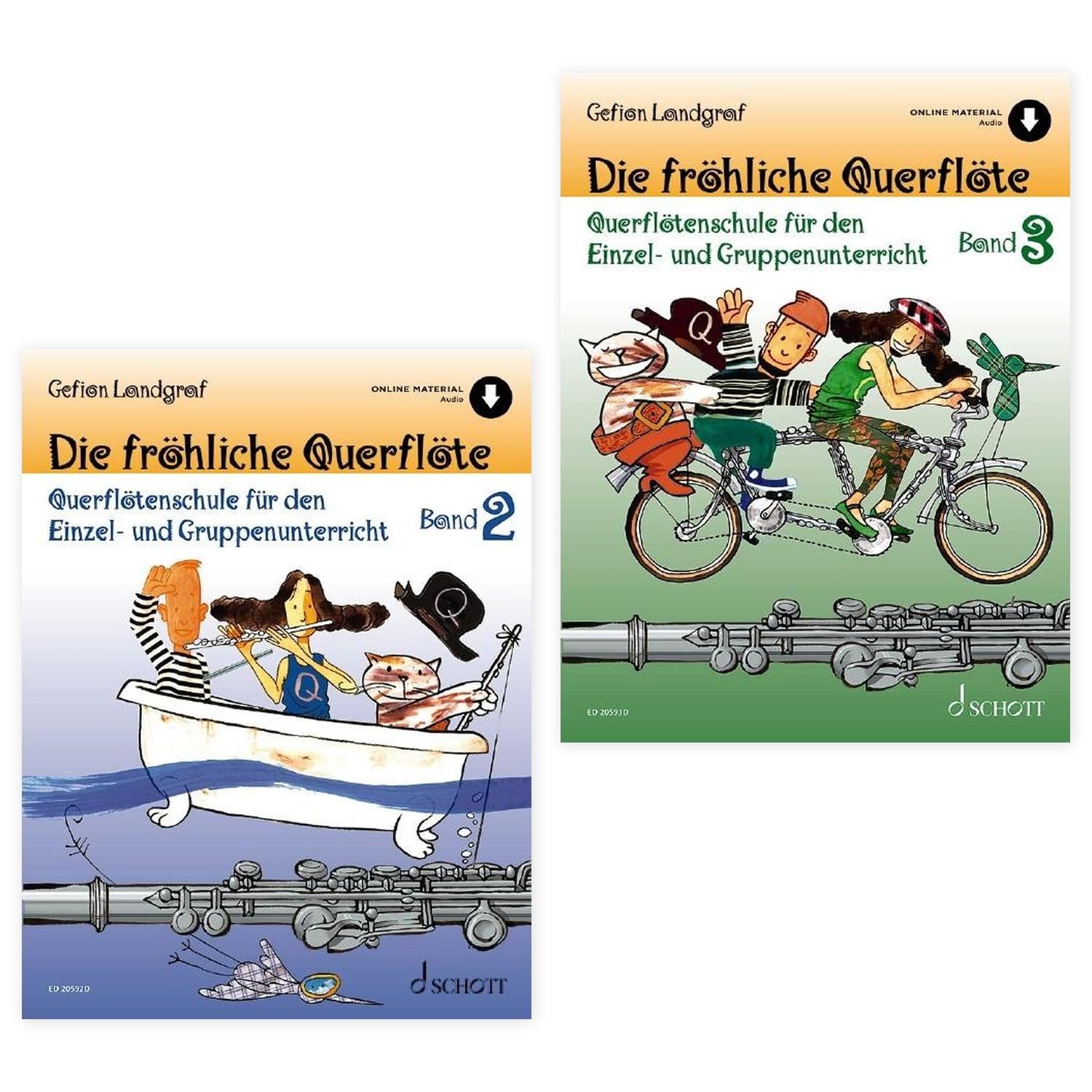 Einsteiger-Set: Die fröhliche Querflöte Band 2 + Band 3 — Querflötenschule für den Einzel- und Gruppenunterricht — Gefion Landgraf (Schott Music) — mit Soundman-Notenheft + zwei Notenbleistiften