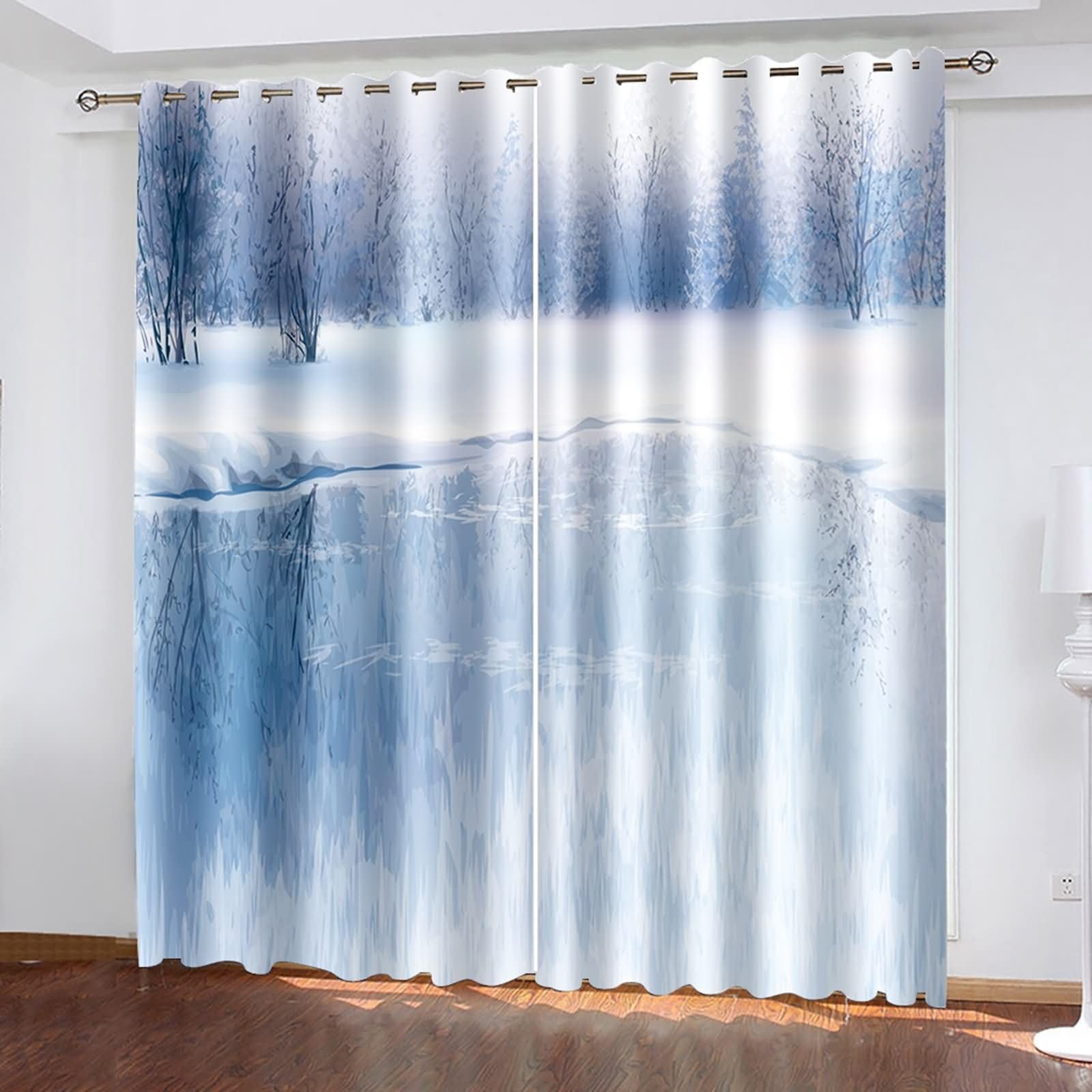 Rideau Occultant Fenetre Balcon 2 Panneaux,2 x 137W x 274H CM,Rideau Oeillet Paysage d'Arbres Enneigés et Lac Rideaux Sejour Gris