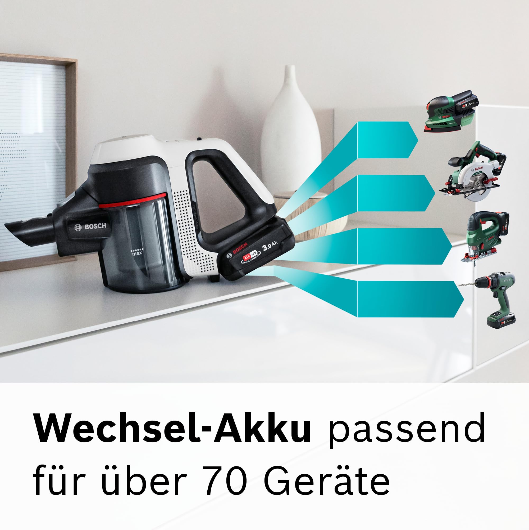Bosch Akku-Staubsauger Unlimited 7 BSS711W, kabelloser Handstaubsauger, beutellos, Wechselakku, Knickrohr, Hygiene-Filter, 10 Jahre Motorgarantie, XXL-Polsterdüse, LED-Beleuchtung, Turbostufe, weiß