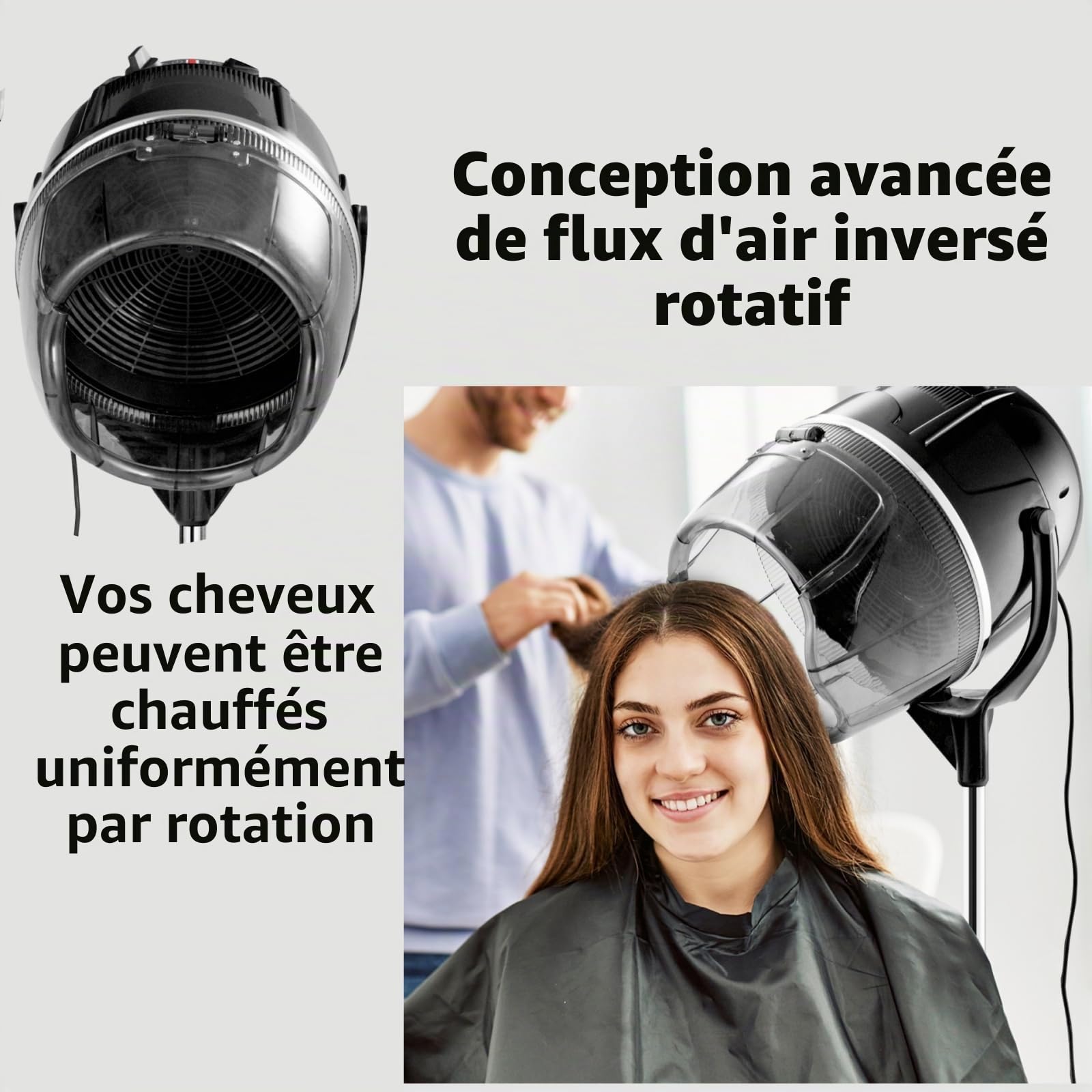 LIFEZEAL Casque de Séchage Professionnel, Support de Sèche-Cheveux Sur Pied, Hauteur Réglable pour Coiffeur, Salon de Coiffure, 1050 W